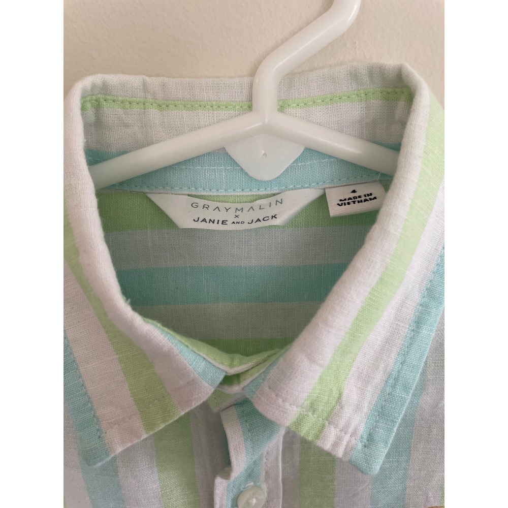 Janie and Jack x Gray Malin Boys Striped Linen Cotton Shirt Green Blue Size 4 - Picture 3 of 12